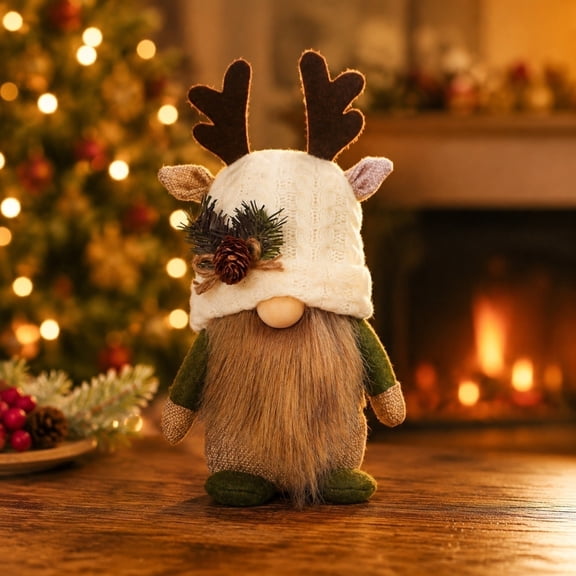 9" Christmas Gnome Plush Decorations Standing Reindeer Gnome Table Decor Knitted Hat with Pine Nut Decoration Deer Horn Handmade Swedish Tomte Scandinavian Elf Doll Ornaments (White)
