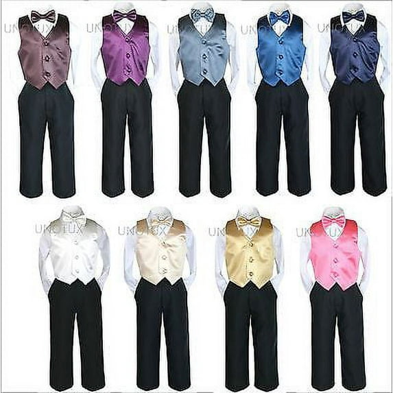 9 Color Choice 4pc Satin Vest Bow Tie Boy Suit Set Baby Toddler Kid Formal S-7