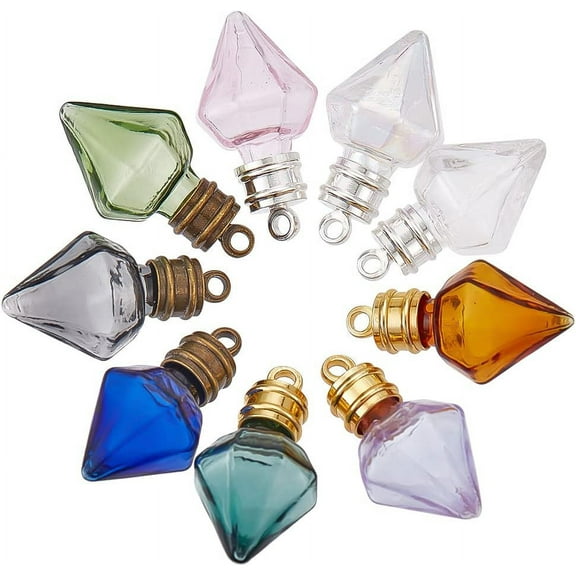 9 Color Tiny Wishing Glass Jar Glass Mini Potion Bottles with Alloy Pendant Bails Bottle Taper Shaped Empty Vials Small Decorative Jars