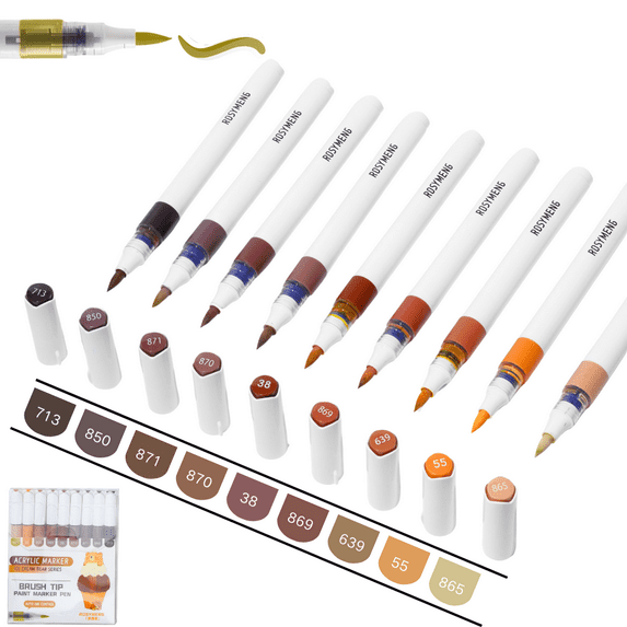 9 Colors Acrylic Paint Markers, Direct Liquid Acrylic Marker Pen with Automatic Ink Control System, Brush Tip for Rock Painting, Wood, Stone, Fabrics, DIY Craft