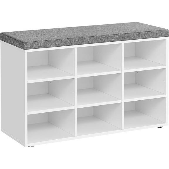 9-Compartment Adjustable Shelves Storage Bench with Cushion, White and Gray
