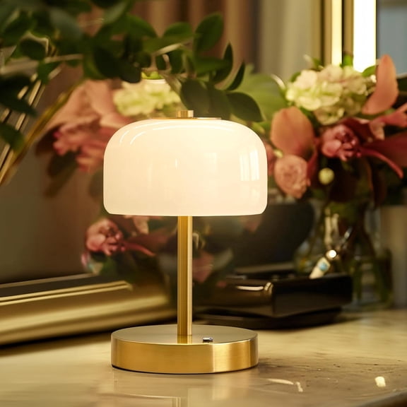 9" Cordless Table Lamp, Gold Rechargeable Battery Operated Lamp, 3-Way Stepless Dimming Touch Lamps, Small Glass Bedside Nightstand Light for Bedroom Dining Table Living Room Shelf Decor