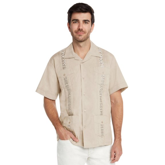 9 Crowns Essentials Men's Guayabera Button Down Shirt (Beige, 4XL)