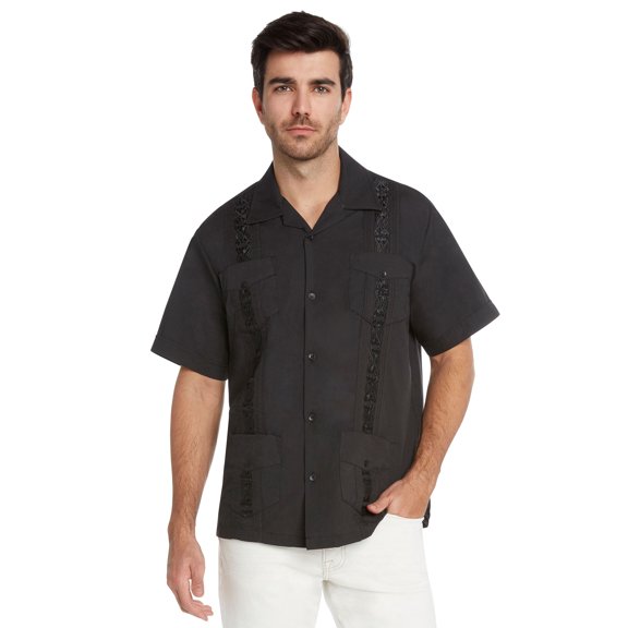 9 Crowns Essentials Men's Guayabera Button Down Shirt (Black, 3XL)