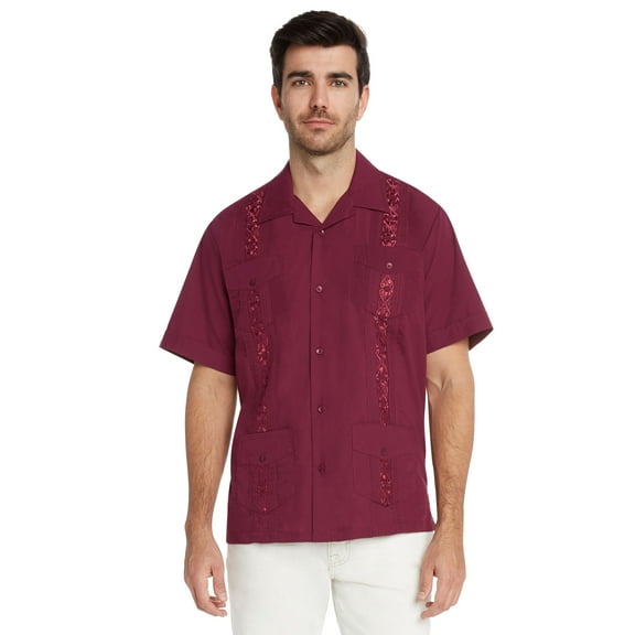 9 Crowns Essentials Men's Guayabera Button Down Shirt (Burgundy, Small)