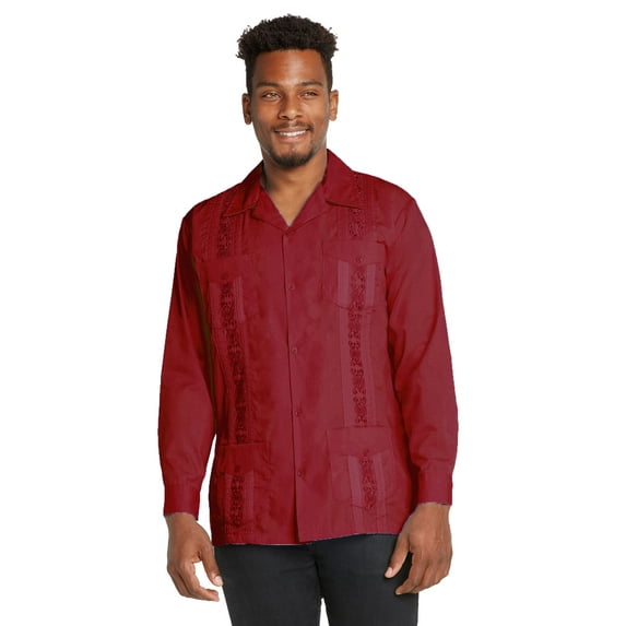 9 Crowns Essentials Men's Guayabera Button Down Shirt (Long Sleeve Red, Medium)