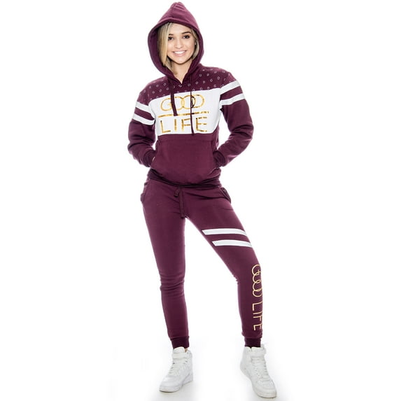 9 Crowns Juniors Good Life Graphic Hoodie Pant Set (X-Large, Plum/White)