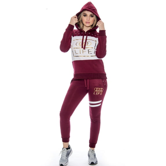 9 Crowns Juniors Good Life Graphic Hoodie Pant Set (XX-Large, Burgundy/White)