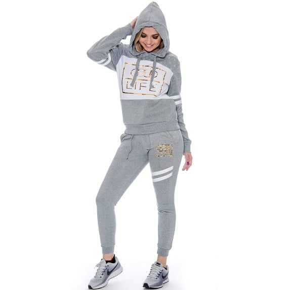 9 Crowns Juniors Good Life Graphic Hoodie Pant Set (XX-Large, H.Grey/White)