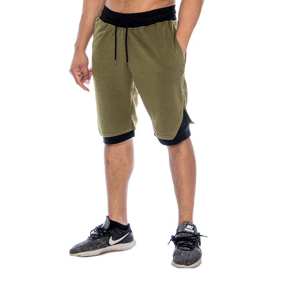 9 Crowns Men's Casual Gym Basketball Sweat Shorts (Olive/Black, Large)