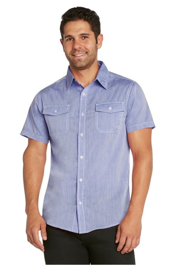 Men's Chest Pockets Button Up Casual Shirt (X-Large, Blue)