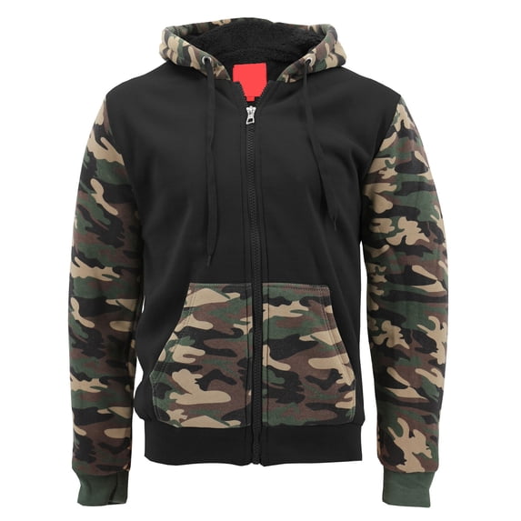 9 Crowns Men's Faux Sherpa Lined Camo Hoodie Jacket (Black/Camo, Medium)
