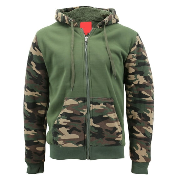 9 Crowns Men's Faux Sherpa Lined Camo Hoodie Jacket (Olive/Camo, Small)