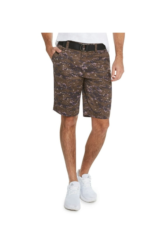 Men's Flat Front Digital Camo Belted Shorts (Coffee Camo, 30)