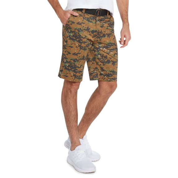9 Crowns Men's Flat Front Digital Camo Belted Shorts (Khaki Camo, 30)