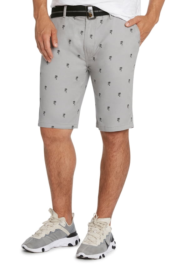 Men's Flat Front Flamingo Palm Stretch Belted Casual Shorts (32, Grey\Black)