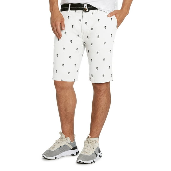 9 Crowns Men's Flat Front Flamingo Palm Stretch Belted Casual Shorts (34, White/Black)