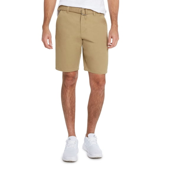 9 Crowns Men's Flat Front Modern fit Twill Chino Belted Shorts Essentials (Khaki, 38)