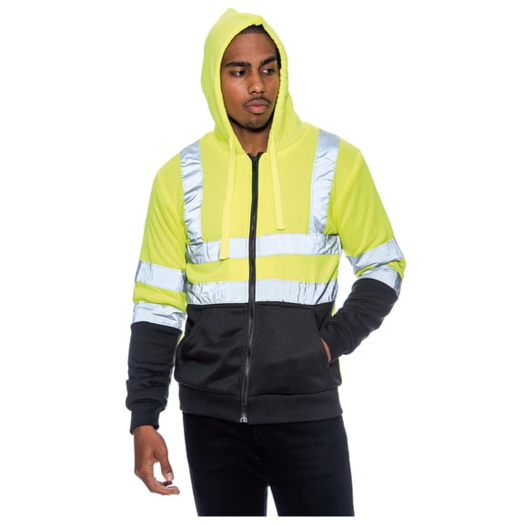 9 Crowns Men's Hi Viz Reflective Sherpa Lined Work Safety Hoodie Jacket (Safety Green/Black, Small)