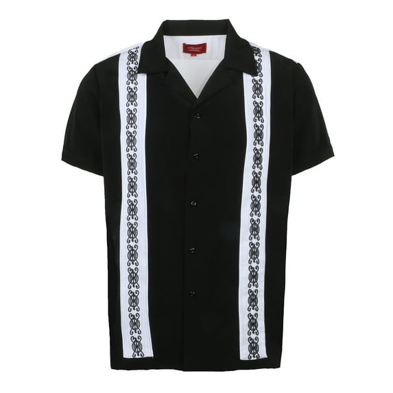 9 Crowns Men's Modern Fit Short Big & Tall Sleeve Guayabera Button Down Shirt (2XL, Black/White1)