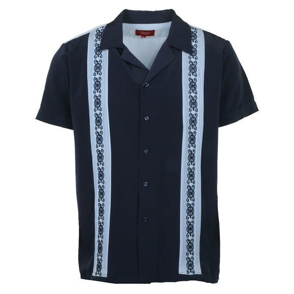 9 Crowns Men's Modern Fit Short Big & Tall Sleeve Guayabera Button Down Shirt (Large, Navy/LtBlue1)