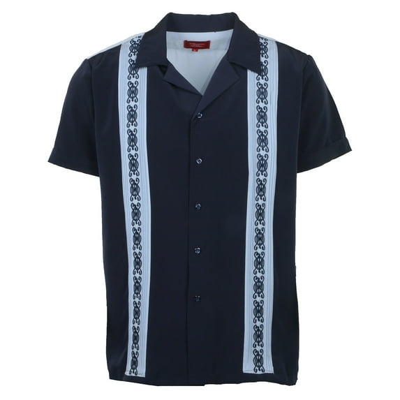 9 Crowns Men's Modern Fit Short Big & Tall Sleeve Guayabera Button Down Shirt (Medium, Navy/LtBlue1)