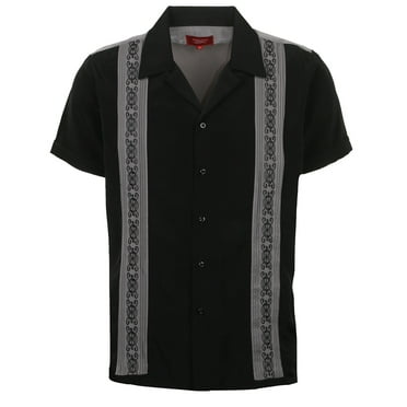 9 Crowns Men's Modern Fit Short Big & Tall Sleeve Guayabera Button Down Shirt (Small, Black/Grey1)
