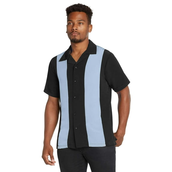 9 Crowns Men's Retro Bowling Bahama Camp Button-Down Shirt (Black/Ltblue, Small)