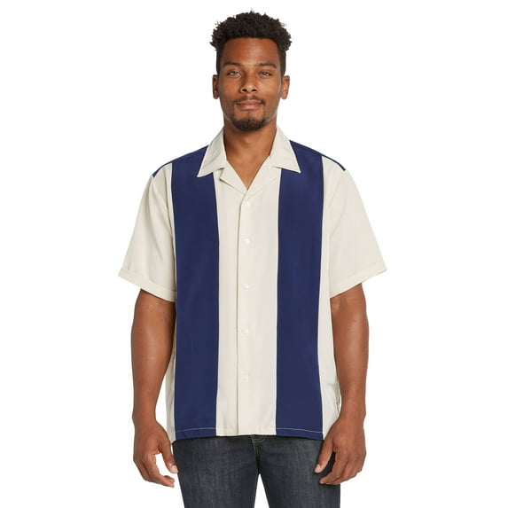 9 Crowns Men's Retro Bowling Bahama Camp Button-Down Shirt (Navy/Beige, Small)
