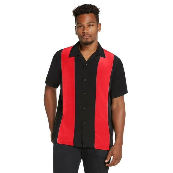 9 Crowns Men's Retro Bowling Bahama Camp Button-Down Shirt (Red/Black, Large)