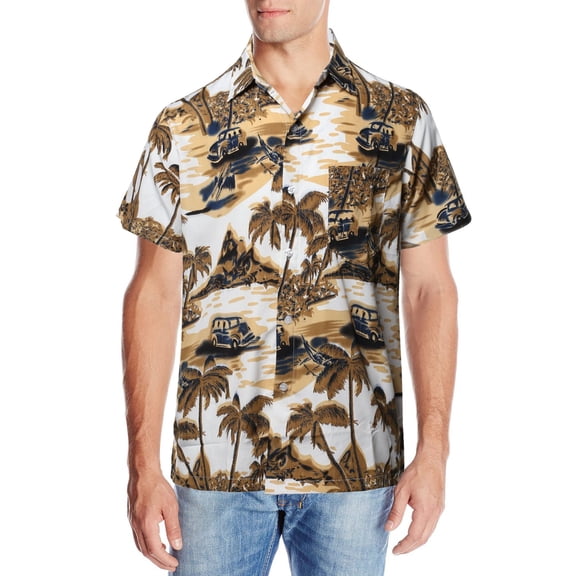 9 Crowns Men's Tropical Hawaiian Printed Short Sleeve Shirt (Beige, Small)