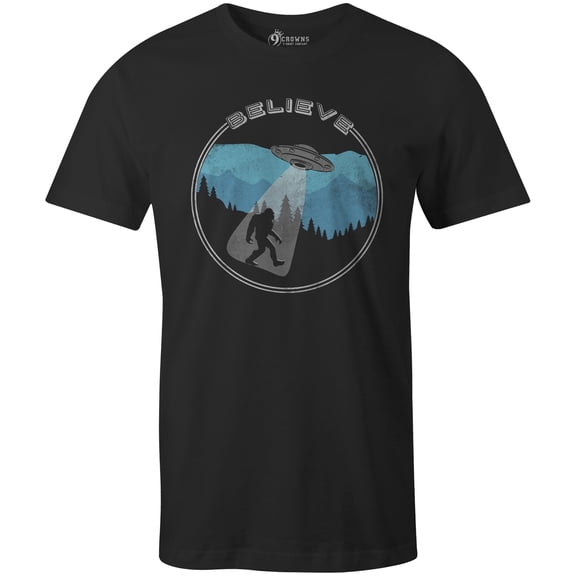 9 Crowns Tees Bigfoot UFO Abduction Believe Funny Sasquatch T-Shirt-Mens (UFO Mens Black, Large)