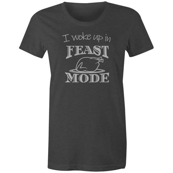 9 Crowns Tees Funny Holiday Turkey I Woke Up In Feast Mode T-Shirt (Turkey Juniors Charcoal, Large)