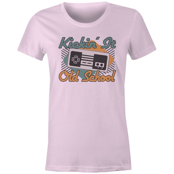 9 Crowns Tees Kickin' It Old School Vintage Game Console T-Shirt (Juniors Pink, Small)