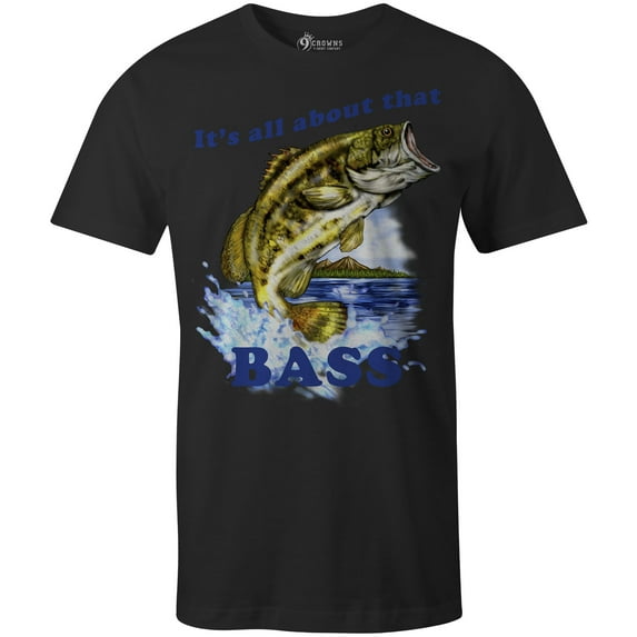 9 Crowns Tees Men's All About That Bass Funny Fishing T-Shirt (Black, 3X-Large)