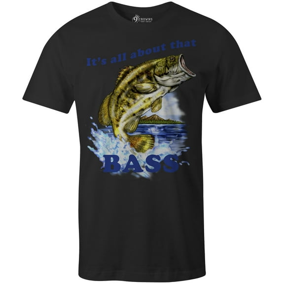 9 Crowns Tees Men's All About That Bass Funny Fishing T-Shirt (Black, XX-Large)
