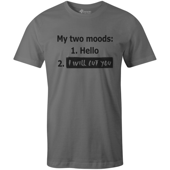 9 Crowns Tees My Two Moods Funny Antisocial Tee Shirt (Unisex Metal, Small)