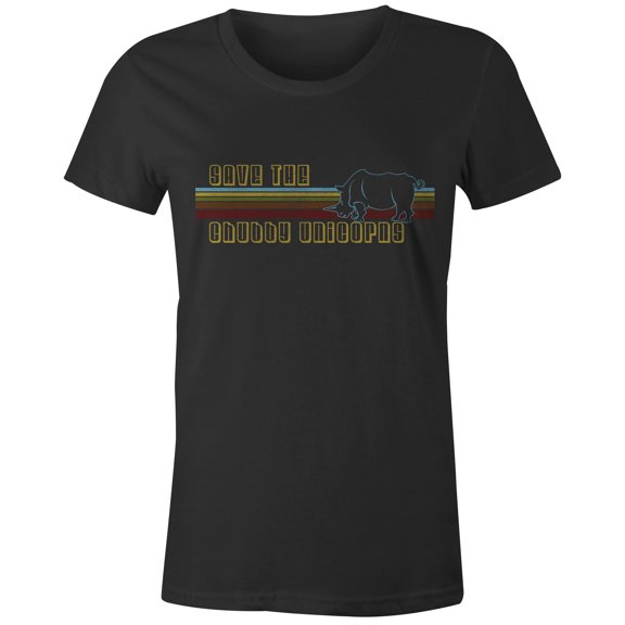 9 Crowns Tees Save The Chubby Unicorns 70s Funny T-Shirt (Rhino Juniors Black, Small)