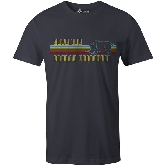 9 Crowns Tees Save The Chubby Unicorns 70s Funny T-Shirt (Rhino Mens Navy, Medium)