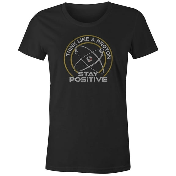 9 Crowns Tees Think Like A Proton, Stay Positive Graphic T-Shirt (Juniors Black, XS)