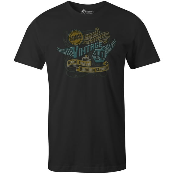 9 Crowns Tees Vintage Aged to Perfection 30th 40th 50th 60th 70th Birthday Tee (40th Black Moto, Large)