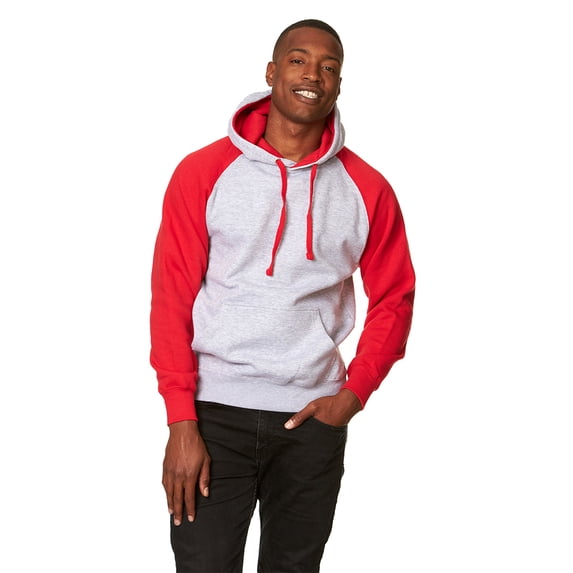 9 Crowns Unisex Men's Color Block Pullover Hoodie Raglan Sweatshirt (Heather Grey/Red, Large)