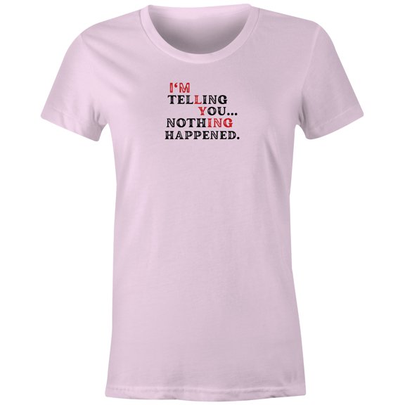 9 Crowns Unisex Men's Funny Graphic Tee  I'm Telling You Nothing Happened T-shirt (X-Large, Telling-JPink)