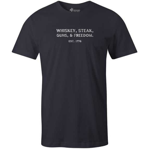 9 Crowns Unisex Men's Funny Graphic Tee Whiskey Steak T-shirt (WhiskeySteak-Navy, Medium)