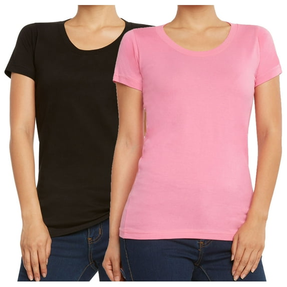 9 Crowns Women's Extra Slim Fit V-Neck Crew 2-Pack 3-Pack Tees (2 Crew Neck Black/Pink, L)
