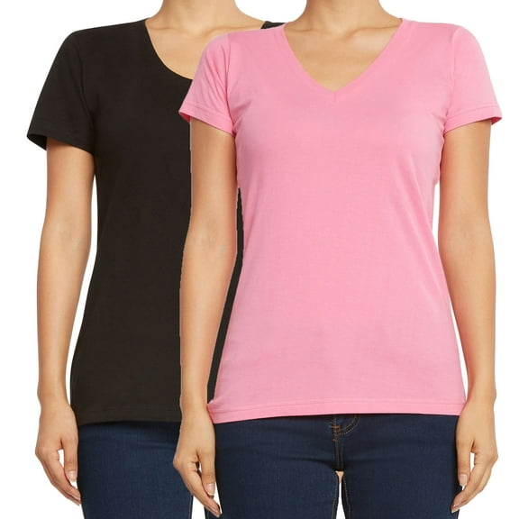9 Crowns Women's Extra Slim Fit V-Neck Crew 2-Pack 3-Pack Tees (2 V-Neck Black/Pink, L)