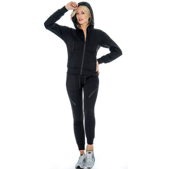 9 Crowns Women's Slim FIt Moto Hoodie Jacket and Pant Tracksuit Set (Black, Small)