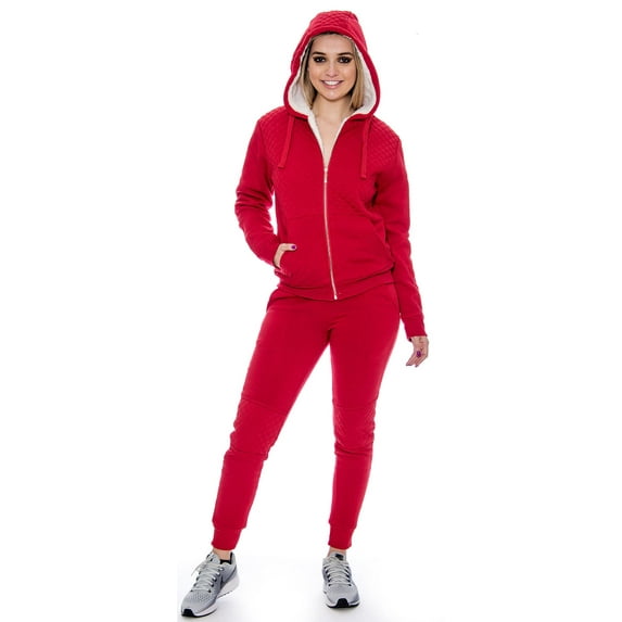 9 Crowns Women's Slim Fit Sherpa Lined Tracksuit Hoodie Jogger Pants Set (Red, Large)