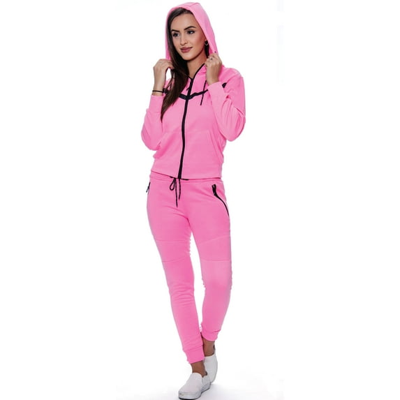 9 Crowns Women's Slim Fit Techno Hoodie Jogger Jacket and Pant Tracksuit Set (BrightPink, Large)