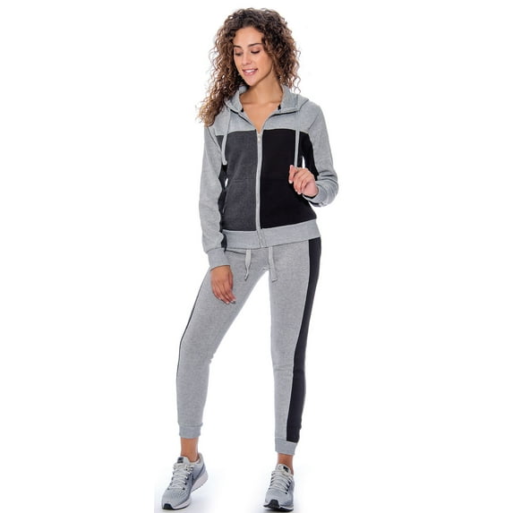 9 Crowns Women's Slim Fit Tracksuit Hoodie Jogger Pants Set (HeatherGrey/Charcoal/Black, Large)